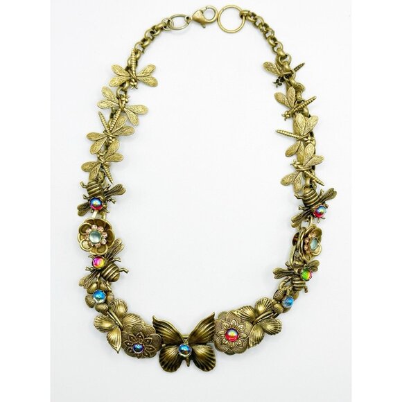 Butterfly, Bees, Dragonflies Floral Goldtone Jeweled Choker Necklace 15.5” - Picture 2 of 8